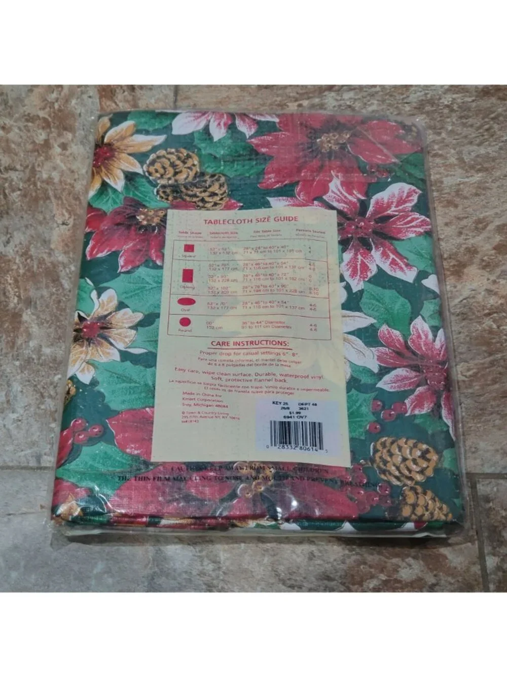 VTG Ashley Taylor Christmas Poinsettia Flannel Backed Vinyl Tablecloth 52x70 Ova